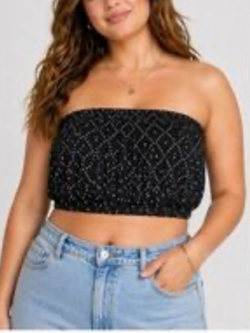 Universal Thread Black Strapless Smocked Crop Top with White Dot Pattern